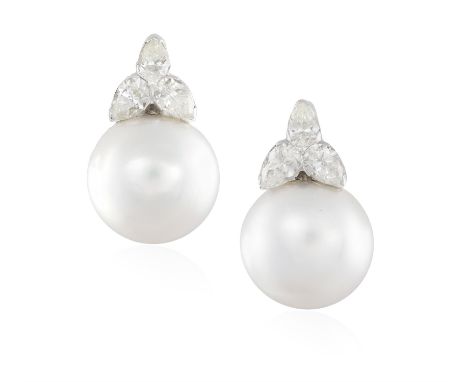 A PAIR OF CULTURED PEARL AND DIAMOND EARRINGSEach composed of a round button-shaped cultured pearl of white tint caped by a t