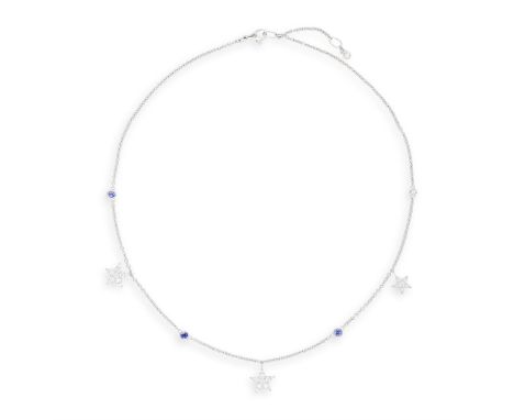 A SAPPHIRE AND DIAMOND 'PYXIS' NECKLACE, BY MARGHERITA BURGENERThe cable-link chain suspending three graduated star motifs pa