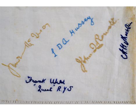 [POLAR EXPLORATION - FRANK WILD & ERNEST SHACKLETON]. A WHITE LINEN TABLE CLOTH  bearing over forty-two embroidered autograph