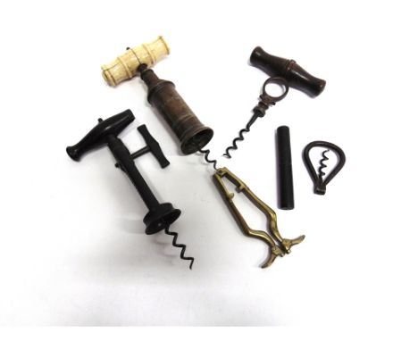 FOUR CORKSCREWS  comprising a Thomason corkscrew, 19th century, with a turned bone handle (lacking brush and suspension ring)