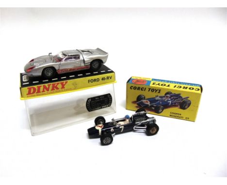 TWO DIECAST MODEL RACING CARS  comprising a Dinky No.132, Ford 40-RV, silver with a red side stripe, very good condition, box