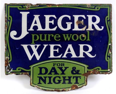 A JAEGER WOOL DOUBLE-SIDED ENAMEL SIGN  'Jaeger / Pure Wool / Wear / For Day & Night', the lettering and ground in combinatio