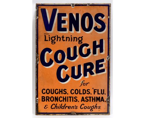 A VENOS COUGH CURE ENAMEL WALL SIGN  with navy blue and black lettering against a pale orange ground, 76cm x 51cm.