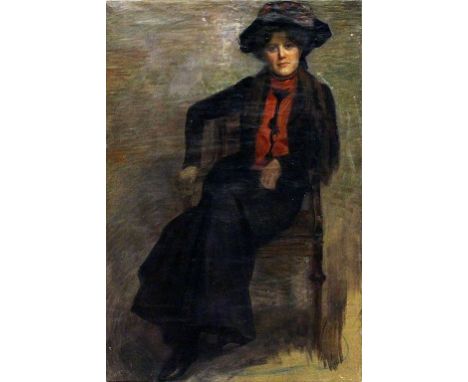 Unbekannter Maler (um 1910-1920) Studienhaftes Portrait einer sitzenden Dame (verso Darstellung einer Frau zu Pferd). Öl/Lwd.