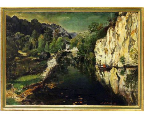de Pooter, Bernard (1883 Belgien 1970) Impressionistische Darstellung eines Gebirgssees mit zwei Personen in Boot. Öl/Lwd., r