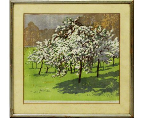 Maß, Helene (1871 Schönlanke - Berlin 1955) Blühende Bäume auf einer Wiese. Farbholzschnitt (l. stockfleckig), re. u. mit Ble