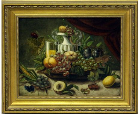 Unbekannter Maler (Ende 19. Jh.) Früchtestillleben mit Schmetterlingen. Öl/Karton. Ca. 36x 46 cm. R., 50x 60 cm. 