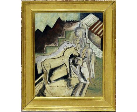 Wasowicz, Waclaw (1891 Warschau 1942) Kubistische Komposition mit vier Personen und zwei Pferden. Mischtechnik/Karton (kleine