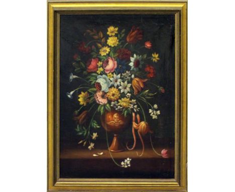 Unbekannter Maler (18./19. Jh.) Stillleben mit Blumenstrauß, in einer Vase auf Tisch arrangiert. Öl/Lwd. (doubliert und rest.