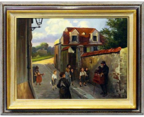 Grünwald, Margarethe (geb. 1864 Berlin) Leierkastenkonzert mit Kindern in einer Gasse. Öl/Lwd., re. u. sign. 40x 55 cm. R. Sc