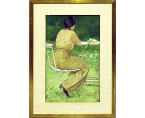 Blunck, August (1858 Hamburg - Berlin 1946) Studienhafte Darstellung einer eleganten Dame an einem Tisch im Freien. Öl/Lwd./K