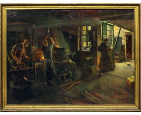 Hennig, Erich (1875 Landsberg 1946) Arbeiter in der Schmiede. Öl/Lwd. (l. Altersspuren, im Randbereich kl. Farbfehlstellen), 