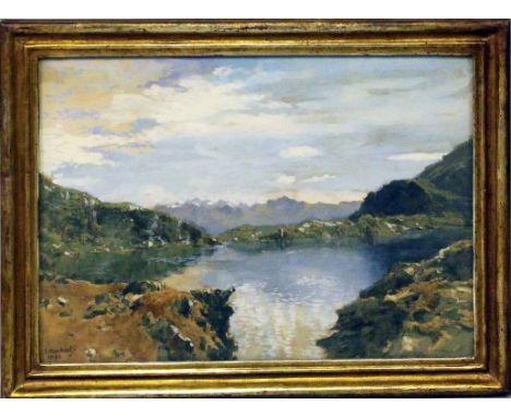 Manhart, Eduard (1880 Klagenfurt 1945) "Bergsee", wohl in der Kreuzeckgruppe. Mischtechnik, li. u. sign. und dat. 1939. Verso