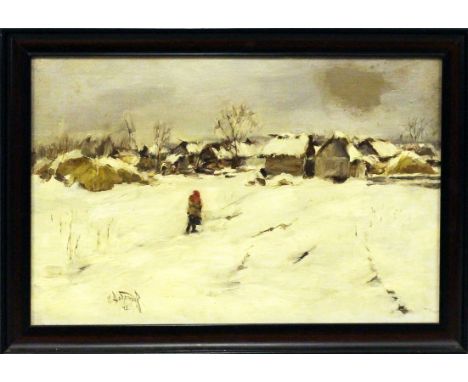 Dobronravov, Michail Nikolaevic (1904 Ukraine 1979) Winterlandschaft mit Dorfansicht. Öl/Lwd. (doubliert), re. u. in Kyrillis