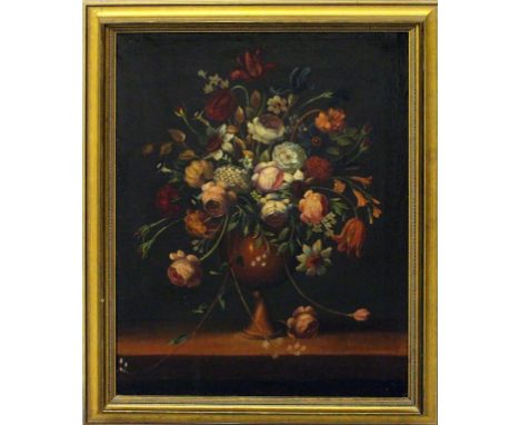 Unbekannter Maler (18./19. Jh.) Stillleben mit Blumenstrauß, in einer Vase auf Tisch arrangiert. Öl/Lwd. (doubliert und rest.