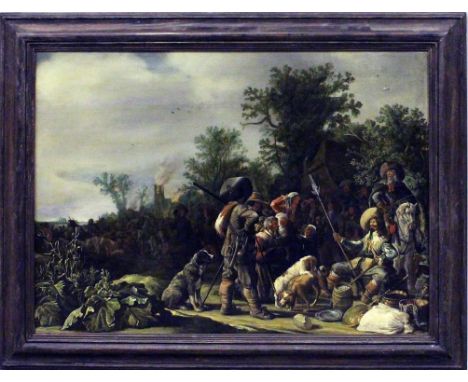 Niederländischer Maler (17. Jh.) Plündernde Soldaten in einem Dorf mit Bauernvolk, im Hintergrund eine brennende Kirche. Öl/H