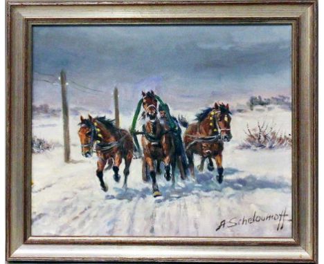 Scheloumoff, Afanasji (1892 Kamenez-Podols (Ukraine) - Starnberg 1983) Winterlandschaft mit Troika. Öl/Lwd., re. u. sign. 25x