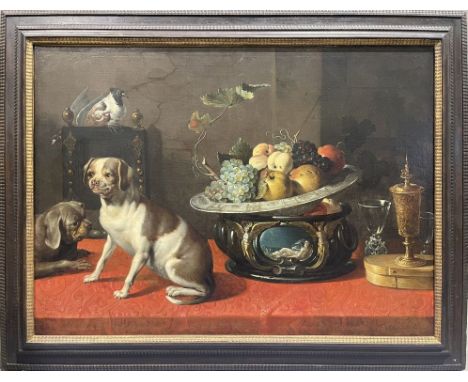 van Boucle, Peter (1610 Antwerpen - Paris 1673) Üppiges Stillleben mit zwei Hunden und Taubenpaar. Öl/Lwd., re. u. bez. "F. S