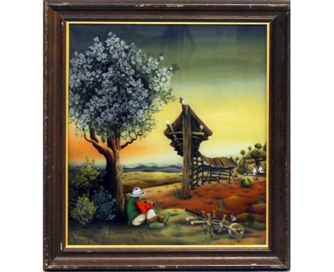 Klopotan, Franjo ( geb. 1938 Presecno/Kroatien) Weite Landschaft mit rastenden Bauern. Farbige Hintgerlasmalerei, li. u. sign