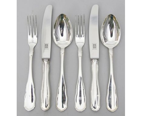 Speisebesteck für sechs Personen, Bruckmann,  18-teilig. 800/000 Silber, 782 g (ohne Messer gewogen). Im Chippendale-Stil. Be