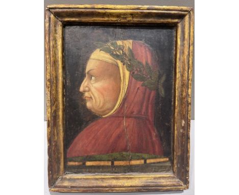 Unbekannter Maler der Renaissance (wohl 14./15. Jh.) Bildnis des Francesco Petrarca. Tempera/Holzplatte (Riss, stark rest.), 