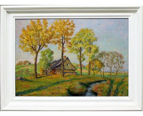 Langkau, Erhard (1877 Samotschin-Berlin 1967) Haus im Isergebirge. Öl/Holz, li. u. sign. Ca. 50x 70 cm. R., 65x 85 cm.