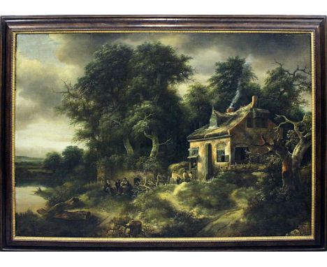 van Hees, Gerrit (1615/35 Haarlem 1670) Waldige Landschaft mit Figuren bei einem Bauernhof. Öl/Lwd. (rest.). Ca. 99x 147 cm. 
