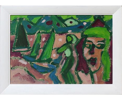 Németh, Miklós (1934 Ungarn 2012)  Expressive Landschaft mit Gesicht. Öl/Karton, li. u. sign. und dat. (1)996 sowie verso Kün