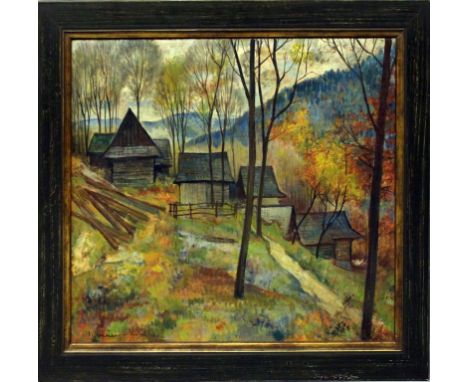 Weiner-Kral, Imro (1901 Waagbistritz (Považská Bystrica) - Bratislava 1978) Slowenische Herbstlandschaft mit Dorf an einem Ha