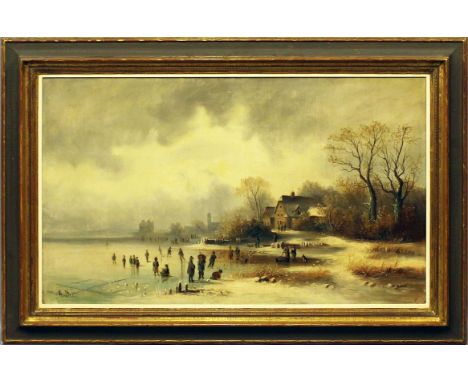 Doll, Anton (1826 München 1887), att. Winterlandschaft mit Schlittschuhläufern auf einem zugefrorenen See, im Hintergrund Dor