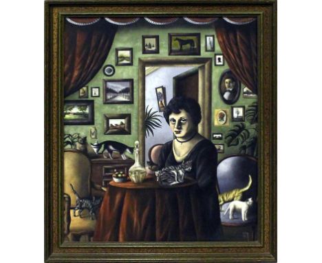 Koch, Wolfgang (geb. 1933 Berlin) Sammlerin mit ihren Katzen. Öl/Lwd., re. u. sign. und dat. (19)81. 50x 40 cm. R.