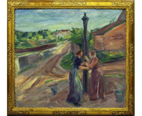 Rösler, Waldemar (1882 Striesen - Arys 1916) Zwei Frauen an der Dorfpumpe. Öl/Lwd., li. u. sign. verso bez. Ca. 85x 100 cm. G
