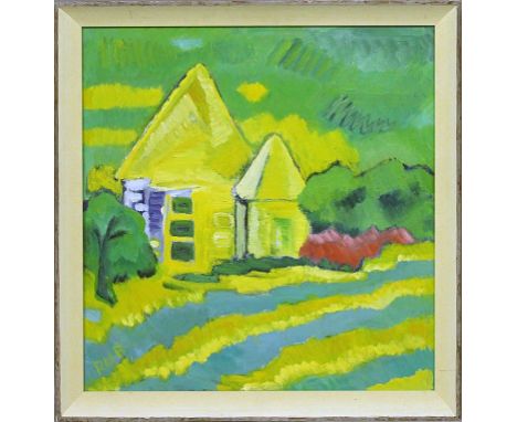 Rub, Eve und Frank (20. Jh.) Gelbes Haus in Landschaft. Öl/Platte, li. u. sign. Rub. Ca. 65x 63,5 cm. R.
