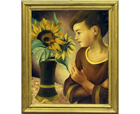 Timmling, Walter (1897 Grimma - Pirna 1948) Kind mit Sonnenblumen. Öl/Lwd., auf Karton aufgezogen (Altersspuren), re. u. mono