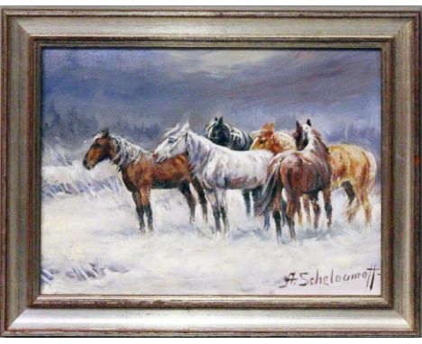 Scheloumoff, Afanasji (1892 Kamenez-Podols (Ukraine) - Starnberg 1983) Pferdegruppe im Schnee. Öl/Lwd., re. u. sign. 18x 25 c