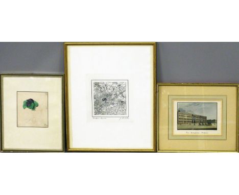 7 gerahmte Graphiken. Bestehend aus: Vier Graphiken mit Berlinansichten, Landkarte von Frankfurt am Main, Veilchen nach Albre