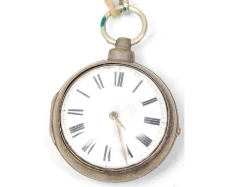A 19th Century Georgian fusee movement pocket watch having a white enamelled dial with roman numerals to the chapter ring and