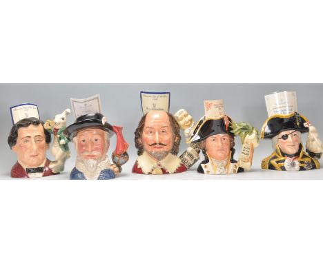 A group of five Royal Doulton ceramic character jugs to include Lewis Carroll D7096, Sir Walter Raleigh D7169 (limited number
