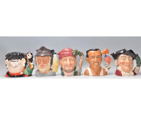 A group of five Royal doulton ceramic Character / Toby jugs to include Dennis And Gnasher D7005, Gladiator D6550, Lumberjack 