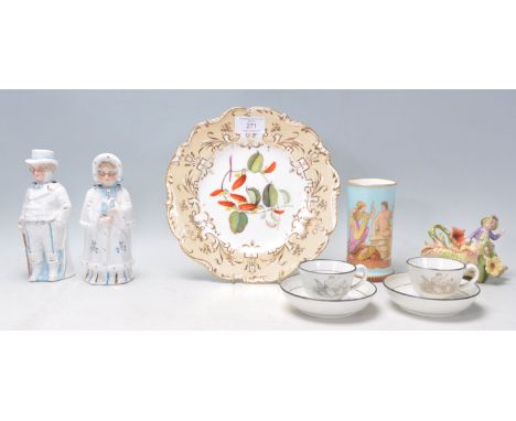 A collection of antique ceramics to include a 19th Century Spode style cabinet plate having gilt and cream borders with a han