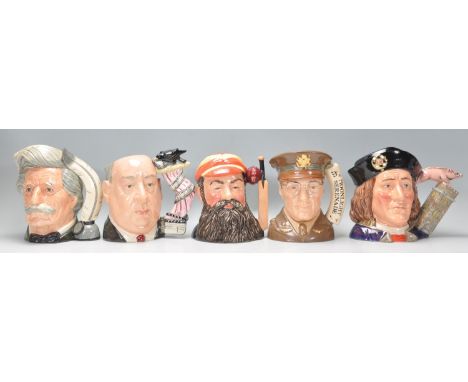 A group of five Royal Doulton ceramic Character / Toby jugs to include Mark Twain D6654, Alfred Hitchcock D6987, W.G. Grace D