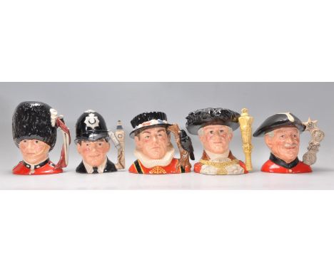 A group of five Royal Doulton English related ceramic Character / Toby jugs to include The Guardsman D6755, The London 'Bobby