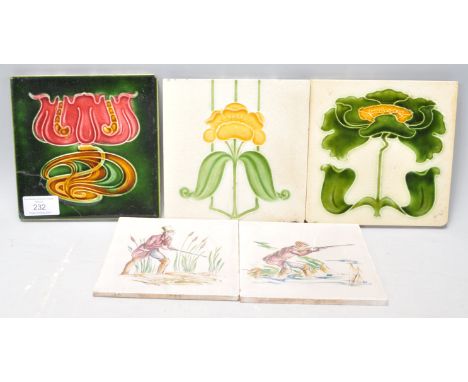 A group of three 19th Century Victorian Art Nouveau coloured wall tiles together with two Pilkington hand painted hunting des