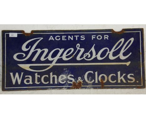 A vintage retro enamelled double sided advertising sign for Ingersoll Watches and Clocks having a blue ground with white lett