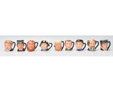A group of nine Royal Doulton Charles Dickens related miniature ceramic character jugs to include Charles Dickens, Bill Sykes