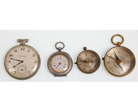An early 20th Century silver pocket fob watch having a white enamelled face with roman numeral chapter ring and gilt detailin