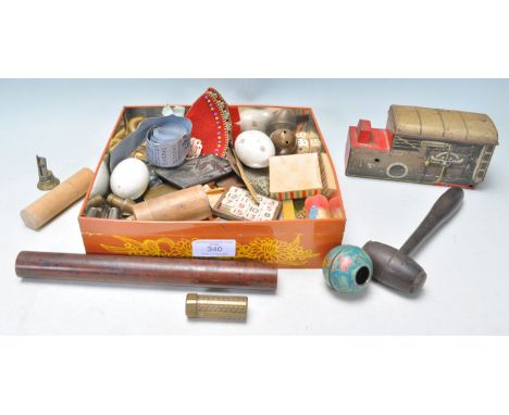 A collection of vintage and antique collectable, sewing and stationery items to include an early 20th Century wooden gavel, a