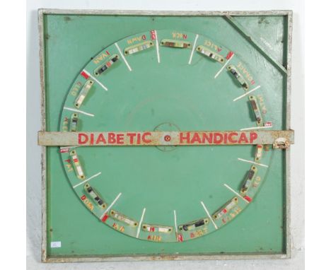 A vintage retro 1970's wall mounting charity fairground spinning horse racing game, constructed from a spinning wheel mounted