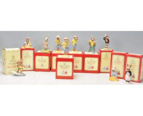 A group of nine Royal Doulton ceramic Bunnykins figures to include Seaside DB177, Nurse DB74, Aussie Surfer DB133, Sailor DB1