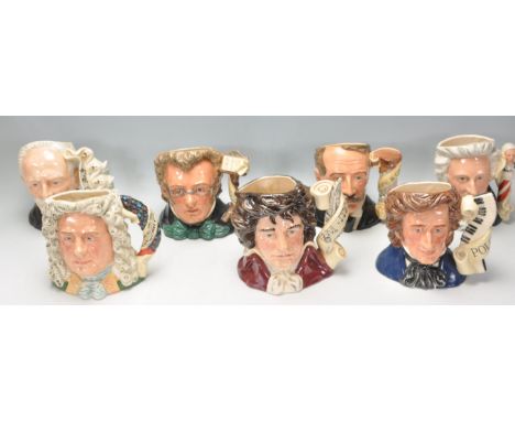 A group of seven Royal Doulton Composer ceramic Character / Toby jugs to include Handel D7080, Beethoven D7021, Chopin D7030,